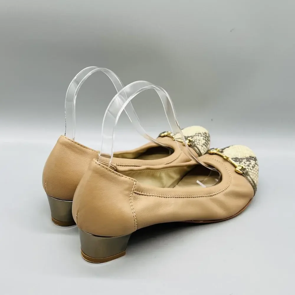 AGL Shoes Womens 10.5 Beige Leather Snake Cap Toe Gold Bit Flats Slip On Casual